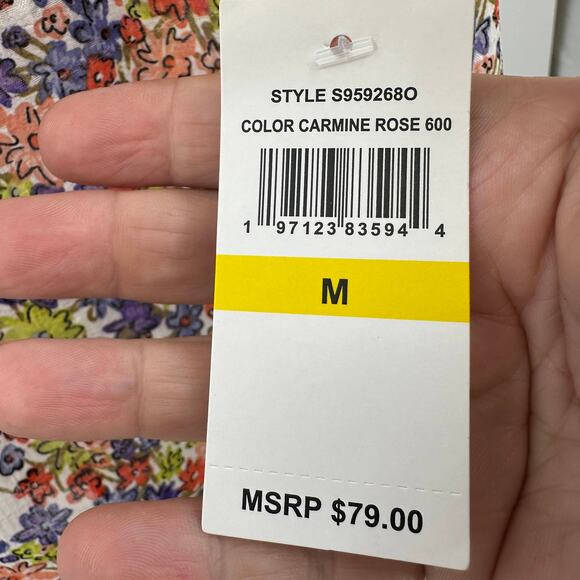 1.State Ruffled Top Sz M Carmine Rose Multicolor Floral Flutter Sleeve Tie Neck - Picture 7 of 10